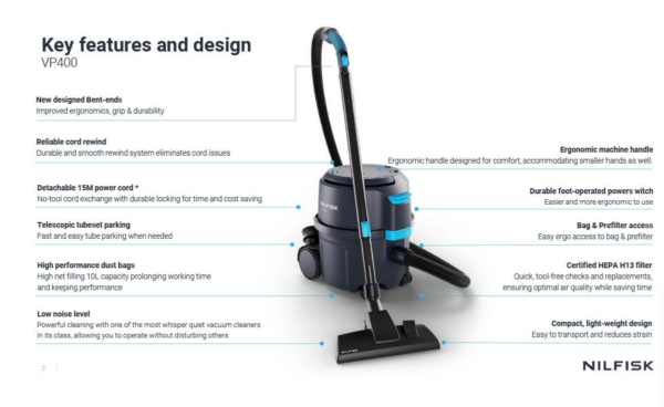 Nilfisk VP400 Dry Commercial Vacuum with H13 HEPA Filter and Cordwinder (107421175) - Image 4
